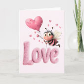 Cute Bee Fluffy Pink Love Heart Balloon Design カード (正面)