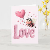 Cute Bee Fluffy Pink Love Heart Balloon Design カード (黄色い花)