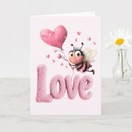 Cute Bee Fluffy Pink Love Heart Balloon Design カード