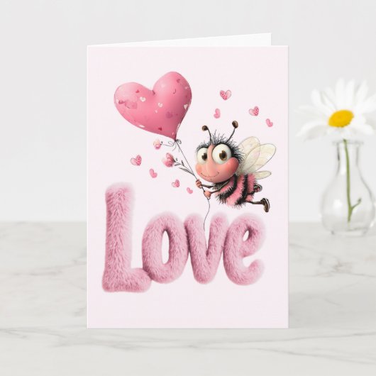 Cute Bee Fluffy Pink Love Heart Balloon Design カード (小さな植物)