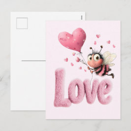 Cute Bee Fluffy Pink Love Heart Balloon Design シーズンポストカード