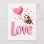 Cute Bee Fluffy Pink Love Heart Balloon Design シーズンポストカード (正面)