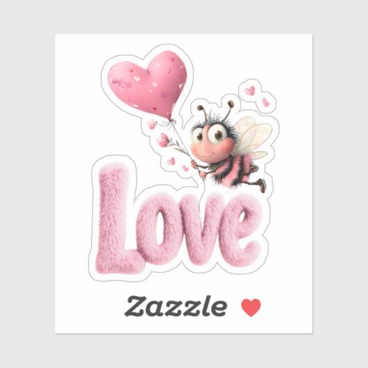 Cute Bee Fluffy Pink Love Heart Balloon Design シール (シート)