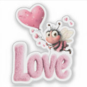 Cute Bee Fluffy Pink Love Heart Balloon Design シール (正面)