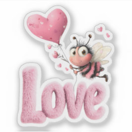 Cute Bee Fluffy Pink Love Heart Balloon Design シール