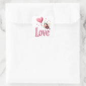 Cute Bee Fluffy Pink Love Heart Balloon Design スクエアシール (バッグ)
