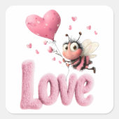 Cute Bee Fluffy Pink Love Heart Balloon Design スクエアシール (正面)