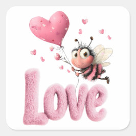 Cute Bee Fluffy Pink Love Heart Balloon Design スクエアシール