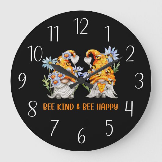 cute bee gnome insect lovers word art ラージ壁時計 (正面)