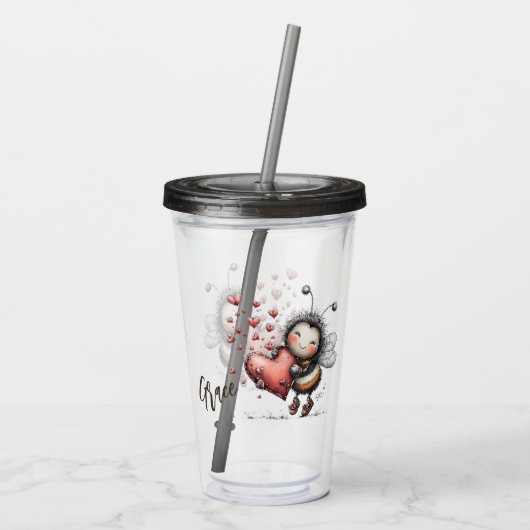 Cute Bee Holding Heart アクリルタンブラー (裏面)