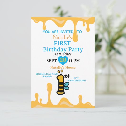 Cute Bee Honey Drips 1st Birthday Invite Adaptable 招待状 (スタンド正面)