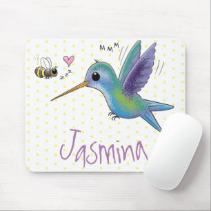 Cute bee hummingbird cartoon illustration マウスパッド