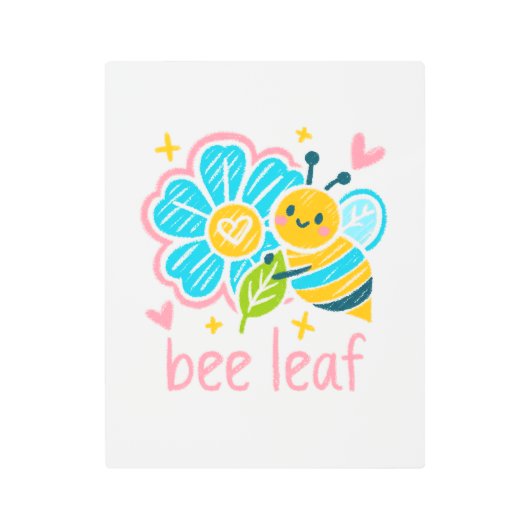 Cute Bee Leaf  Pun Crayon Art Social Workers メタルプリント (正面)