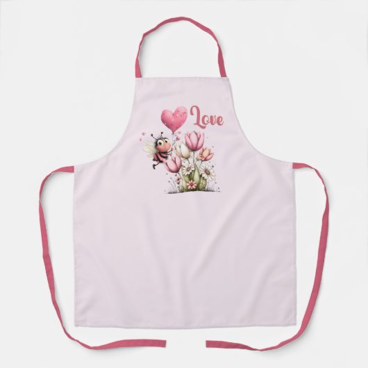 Cute Bee Love Heart Balloon Spring Flowers エプロン (正面)
