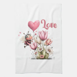 Cute Bee Love Heart Balloon Spring Flowers キッチンタオル