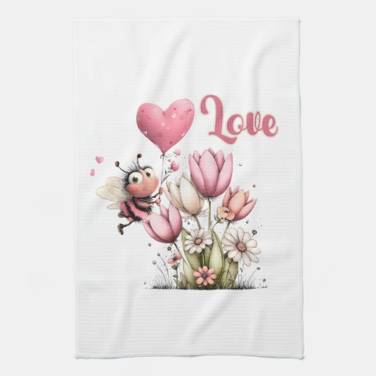 Cute Bee Love Heart Balloon Spring Flowers キッチンタオル (縦)