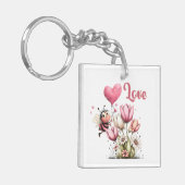 Cute Bee Love Heart Balloon Spring Flowers キーホルダー (正面左)