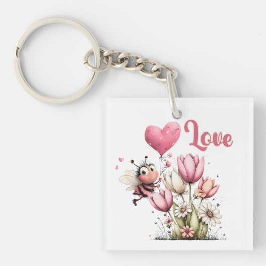 Cute Bee Love Heart Balloon Spring Flowers キーホルダー (正面)