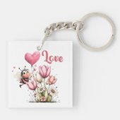 Cute Bee Love Heart Balloon Spring Flowers キーホルダー (裏面)