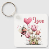 Cute Bee Love Heart Balloon Spring Flowers キーホルダー (正面)