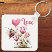 Cute Bee Love Heart Balloon Spring Flowers キーホルダー (裏面)