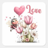 Cute Bee Love Heart Balloon Spring Flowers スクエアシール (正面)