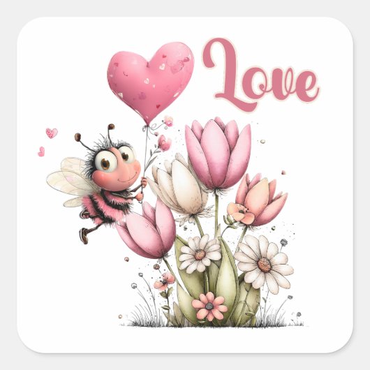 Cute Bee Love Heart Balloon Spring Flowers スクエアシール (正面)