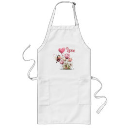 Cute Bee Love Heart Balloon Spring Flowers ロングエプロン