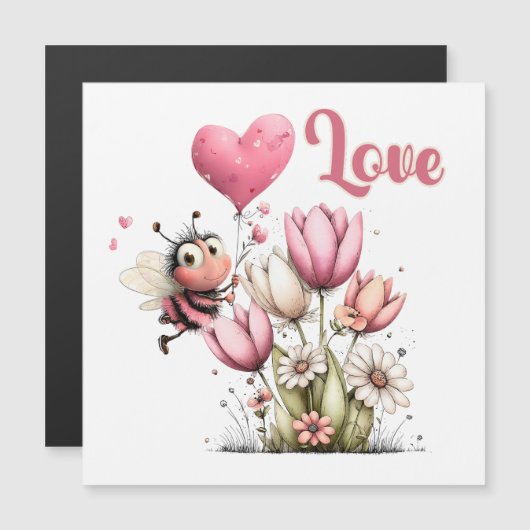 Cute Bee Love Heart Balloon Spring Flowers Magnet (正面/裏面)