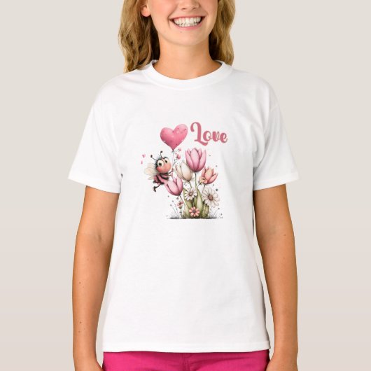Cute Bee Love Heart Balloon Spring Flowers Tシャツ (正面)