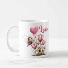 Cute Bee Love Heart & Floral  コーヒーマグカップ
