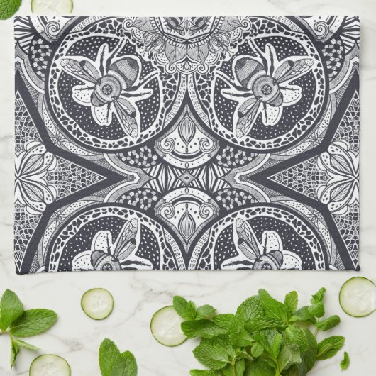 Cute Bee Mandala Hand-Drawn キッチンタオル (折り畳み)