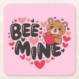 Cute Bee Mine Teddy Bear Valentine's Day スクエアペーパーコースター
