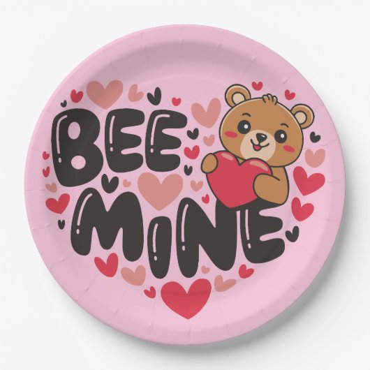 Cute Bee Mine Teddy Bear Valentine's Day ペーパープレート (正面)