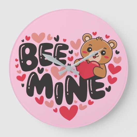 Cute Bee Mine Teddy Bear Valentine's Day ラージ壁時計 (正面)