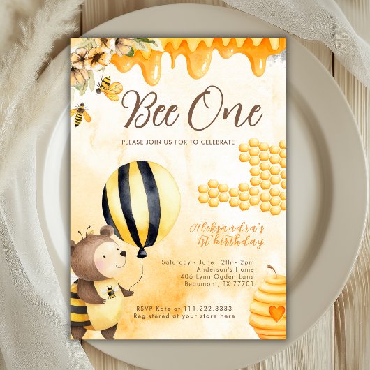 Cute Bee One First Honey Bear Yellow 1st Birthday  招待状