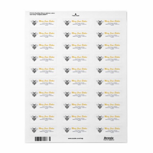 Cute Bee Return Address Label | Personalized ラベル (フルシート)