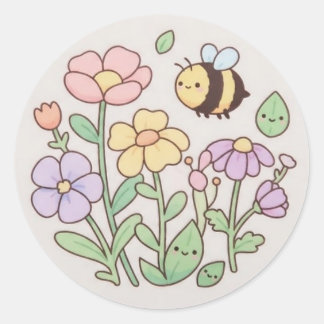 Cute Bee & Smiling Flowers Sticker - Pastel Floral ラウンドシール