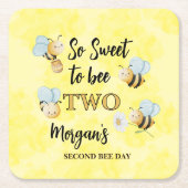 Cute Bee Two Yellow Black Second Birthday Party スクエアペーパーコースター (正面)