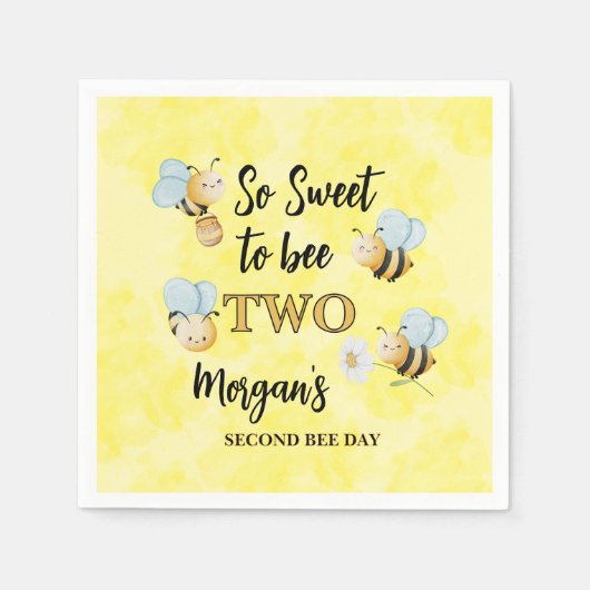 Cute Bee Two Yellow Black Second Birthday Party スタンダードカクテルナプキン (正面)