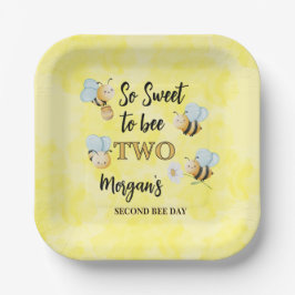 Cute Bee Two Yellow Black Second Birthday Party ペーパープレート