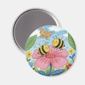 Cute Bee Whimsical Flower Garden マグネット (正面/裏面)