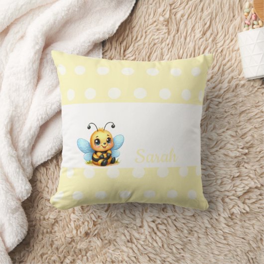 Cute Bee with Yellow Poka Dots-Customizable クッション (ブランケット)