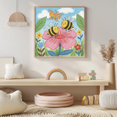 Cute Bees and Butterfly Dancing Crayon Drawing Kid ポスター