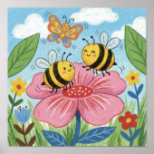 Cute Bees and Butterfly Dancing Crayon Drawing Kid ポスター (正面)