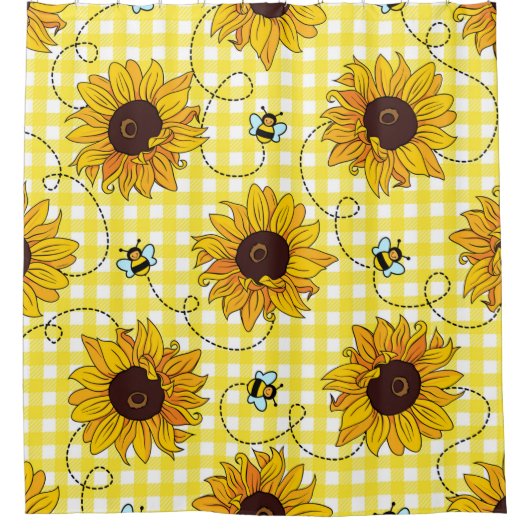 Cute bees and sunflowers on a checkered background シャワーカーテン (正面)