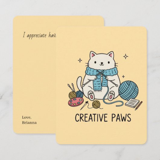 Cute Beige Cat Knitter Yellow Vibes Hobby Supplies ノートカード (正面/裏面)