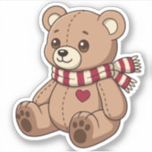 Cute Beige Teddy Bear with Striped Scarf シール (正面)
