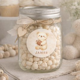 Cute Beige Watercolor Teddy Bear with Football ラウンドシール