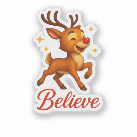 Cute “Believe” Reindeer Christmas Sticker シール (正面)
